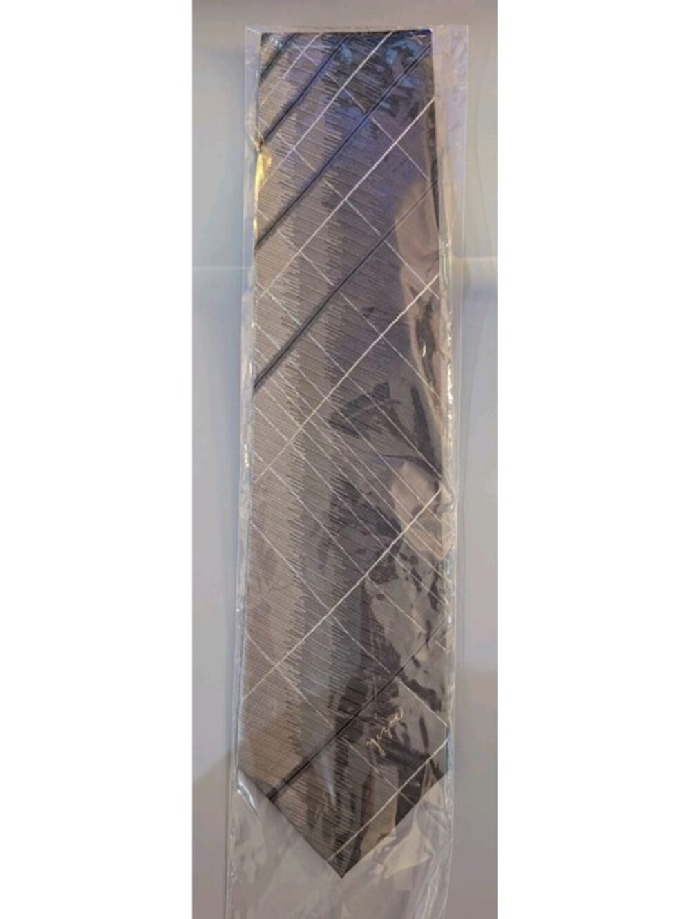 Vintage Balmain Paris Mens Silk Tie Grey Charcoal Abstract Grid Pattern New...